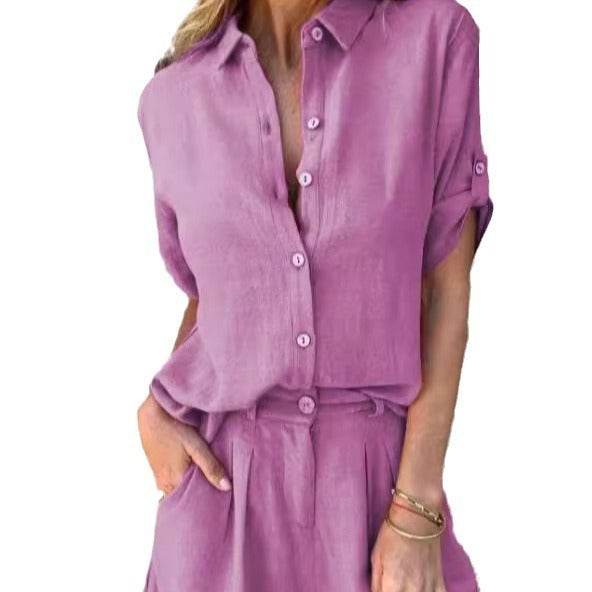Short-sleeved Suits Fashion Lapel Button Shirt Top And Pocket Shorts Women's Clothing - ShopSphere