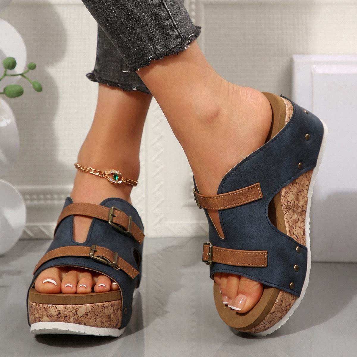 Ins Buckle Wedges Sandals Summer Fish Mouth Thick High Heel Slides Slippers Outdoor Fashion Beach Roman Shoes For Women - ShopSphere