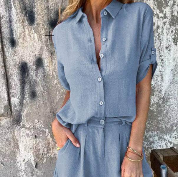 Short-sleeved Suits Fashion Lapel Button Shirt Top And Pocket Shorts Women's Clothing - ShopSphere