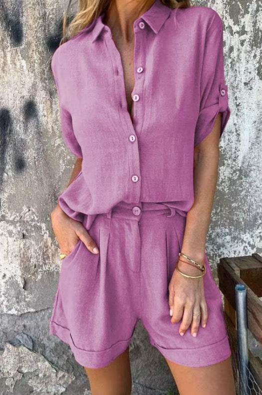 Short-sleeved Suits Fashion Lapel Button Shirt Top And Pocket Shorts Women's Clothing - ShopSphere
