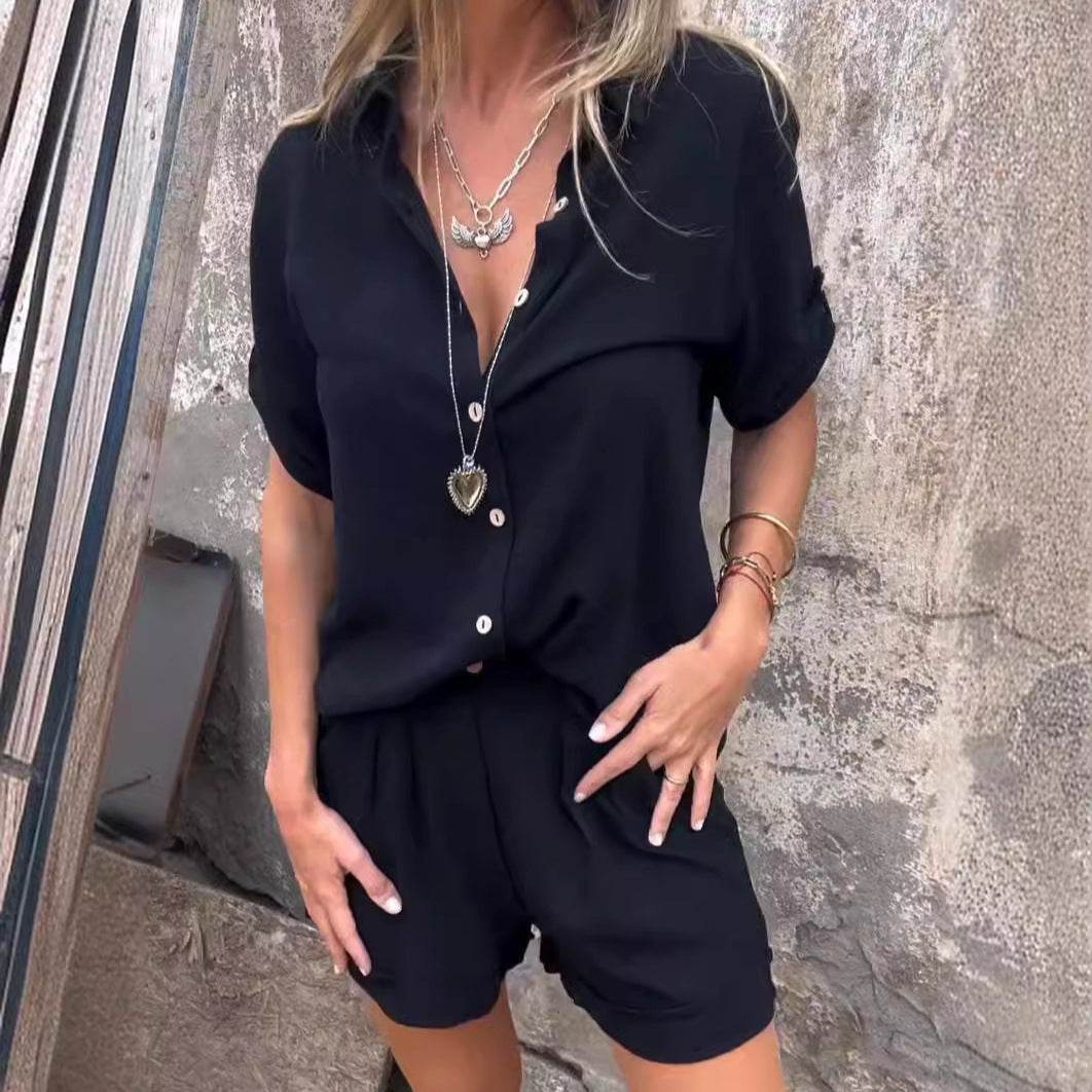 Short-sleeved Suits Fashion Lapel Button Shirt Top And Pocket Shorts Women's Clothing - ShopSphere
