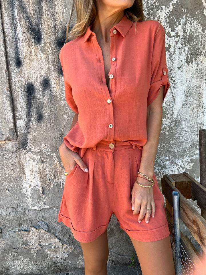Short-sleeved Suits Fashion Lapel Button Shirt Top And Pocket Shorts Women's Clothing - ShopSphere