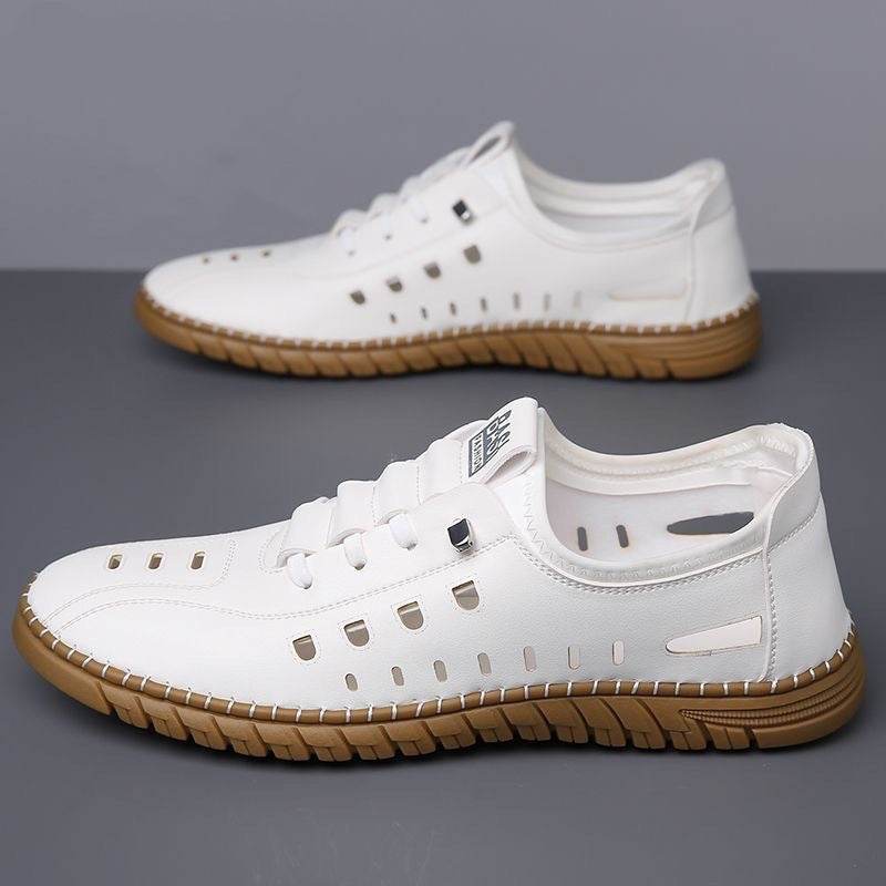 Hollow Breathable White Shoes Hole Shoes Soft Bottom Men Slip-on Leather Sandals - ShopSphere