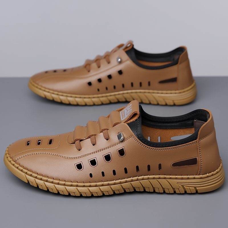 Hollow Breathable White Shoes Hole Shoes Soft Bottom Men Slip-on Leather Sandals - ShopSphere