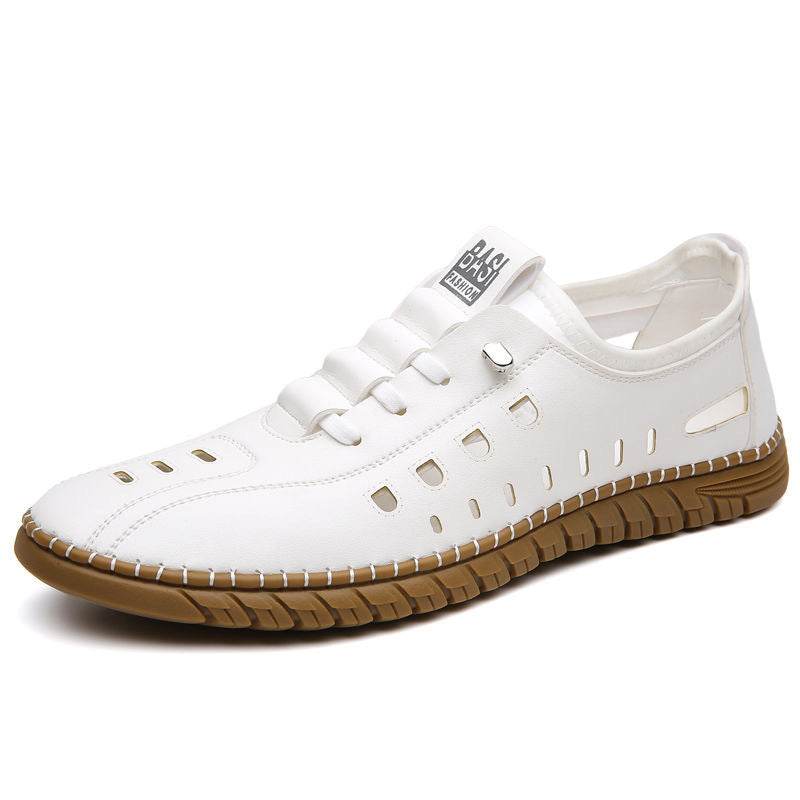 Hollow Breathable White Shoes Hole Shoes Soft Bottom Men Slip-on Leather Sandals - ShopSphere