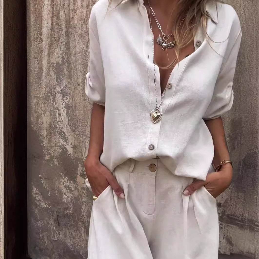 Short-sleeved Suits Fashion Lapel Button Shirt Top And Pocket Shorts Women's Clothing - ShopSphere