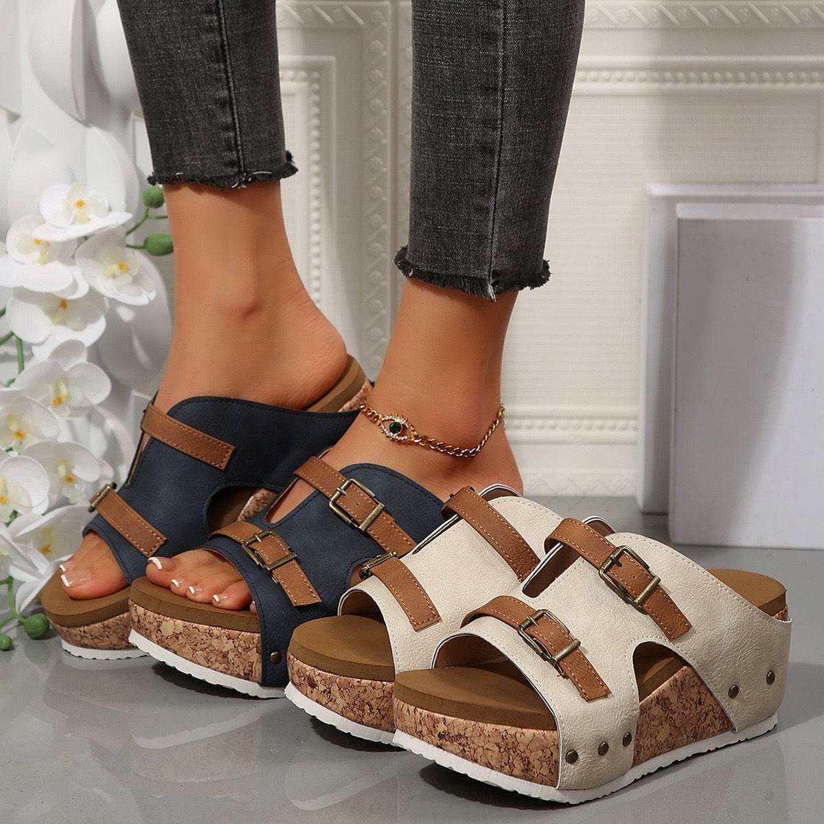 Ins Buckle Wedges Sandals Summer Fish Mouth Thick High Heel Slides Slippers Outdoor Fashion Beach Roman Shoes For Women - ShopSphere