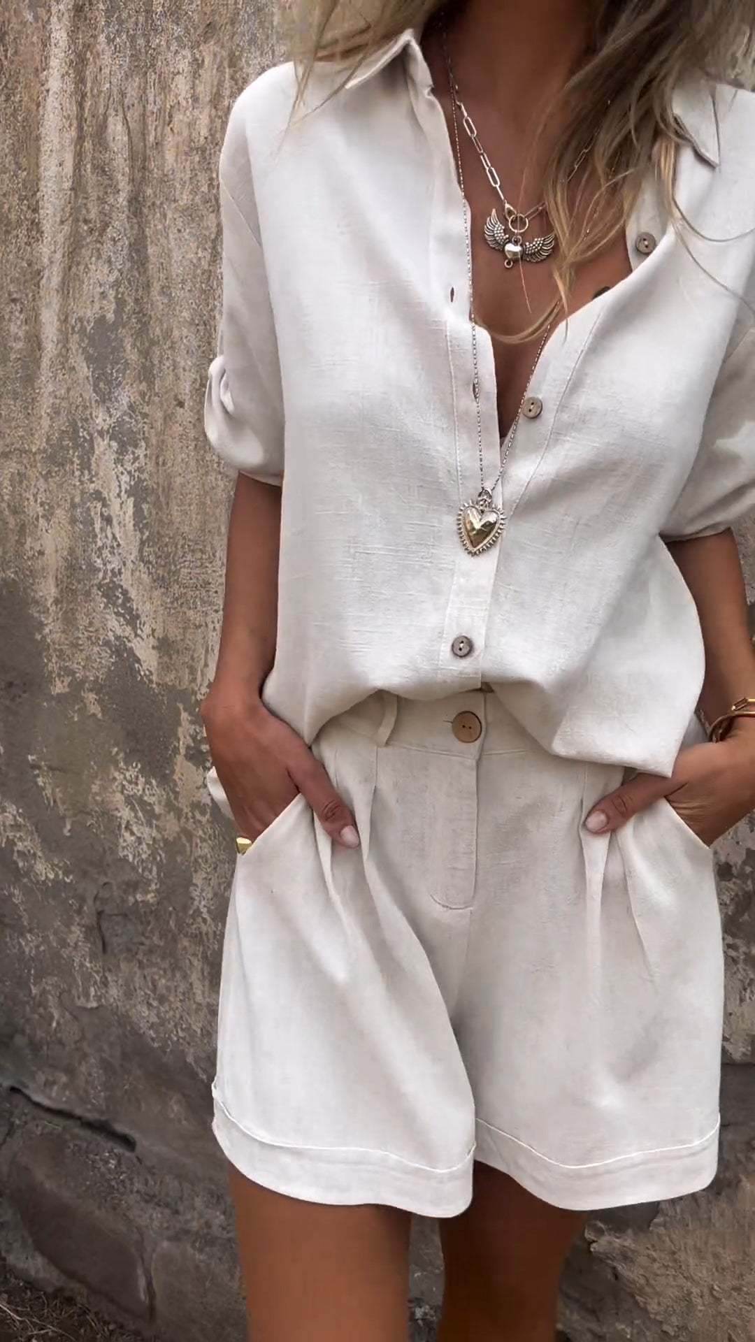 Short-sleeved Suits Fashion Lapel Button Shirt Top And Pocket Shorts Women's Clothing - ShopSphere