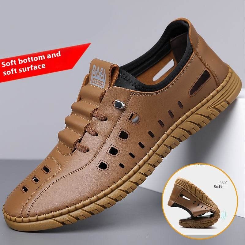 Hollow Breathable White Shoes Hole Shoes Soft Bottom Men Slip-on Leather Sandals - ShopSphere