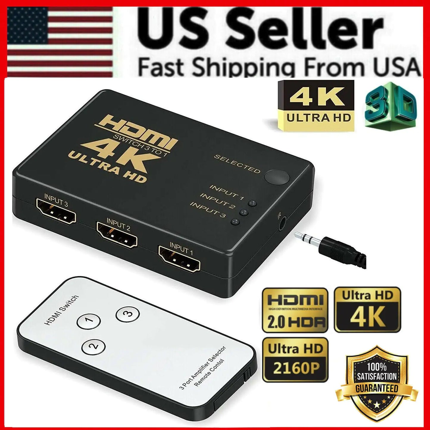 4K HDMI 2.0 Cable Splitter Switcher Box Hub IR Remote Control 3X1 Power 3 to 1 - ShopSphere