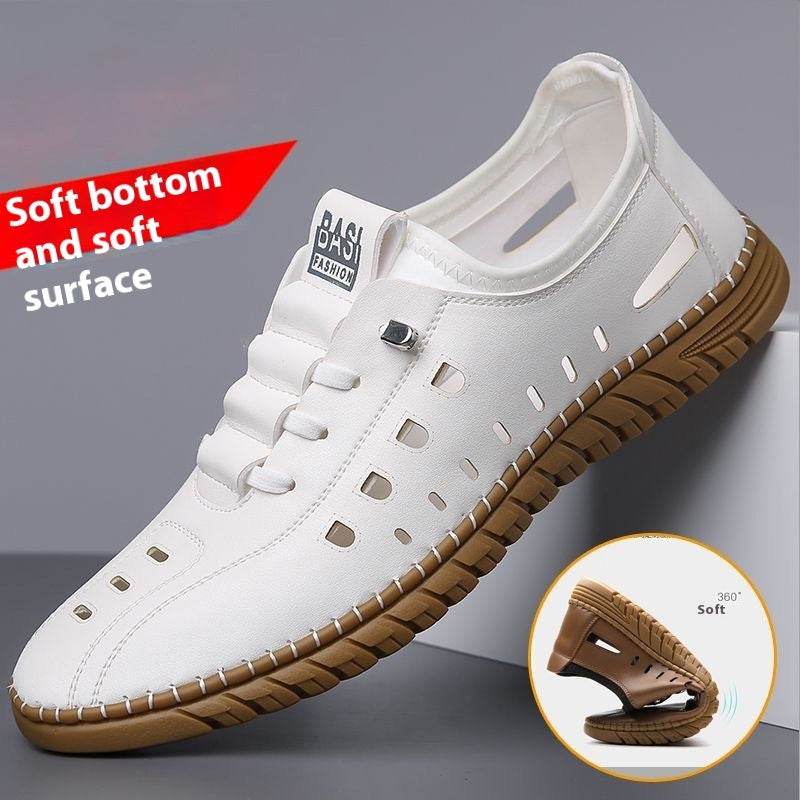 Hollow Breathable White Shoes Hole Shoes Soft Bottom Men Slip-on Leather Sandals - ShopSphere