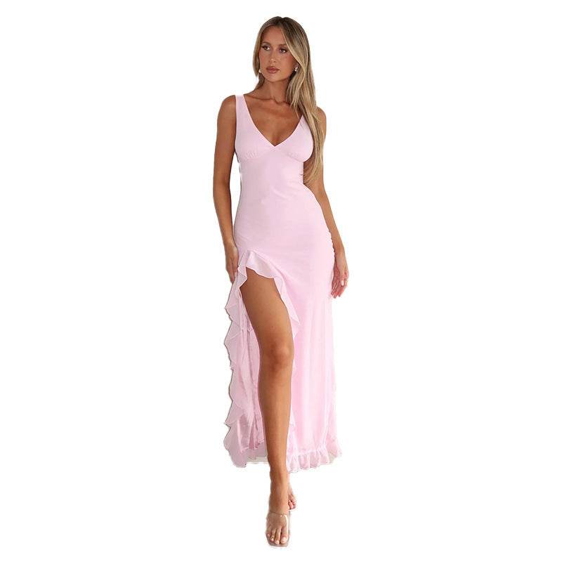 Women's Ruffles Split Suspender Dress Sexy Slim-fit V-neck Evening Party Dresses Clothing - ShopSphere