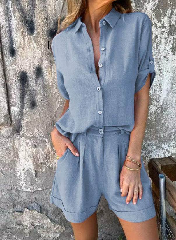 Short-sleeved Suits Fashion Lapel Button Shirt Top And Pocket Shorts Women's Clothing - ShopSphere