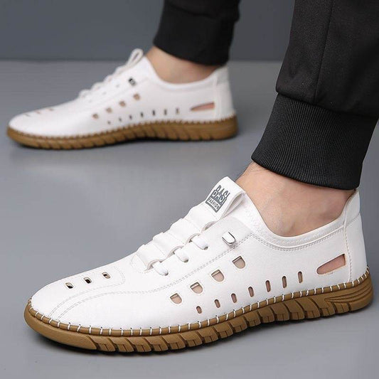 Hollow Breathable White Shoes Hole Shoes Soft Bottom Men Slip-on Leather Sandals - ShopSphere