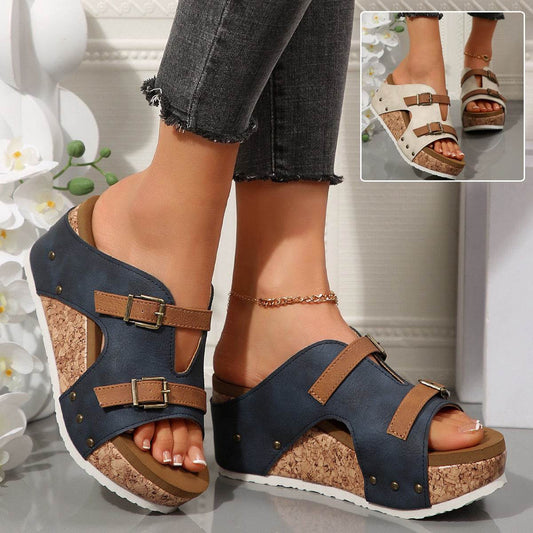 Ins Buckle Wedges Sandals Summer Fish Mouth Thick High Heel Slides Slippers Outdoor Fashion Beach Roman Shoes For Women - ShopSphere