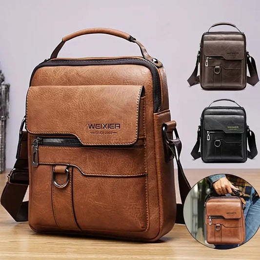 Popular Men's Messenger Bag One Shoulder Retro Business Backpack PU Leather Flaps Crossbody Bags Business Flap Male Solid Travel Bag - ShopSphere