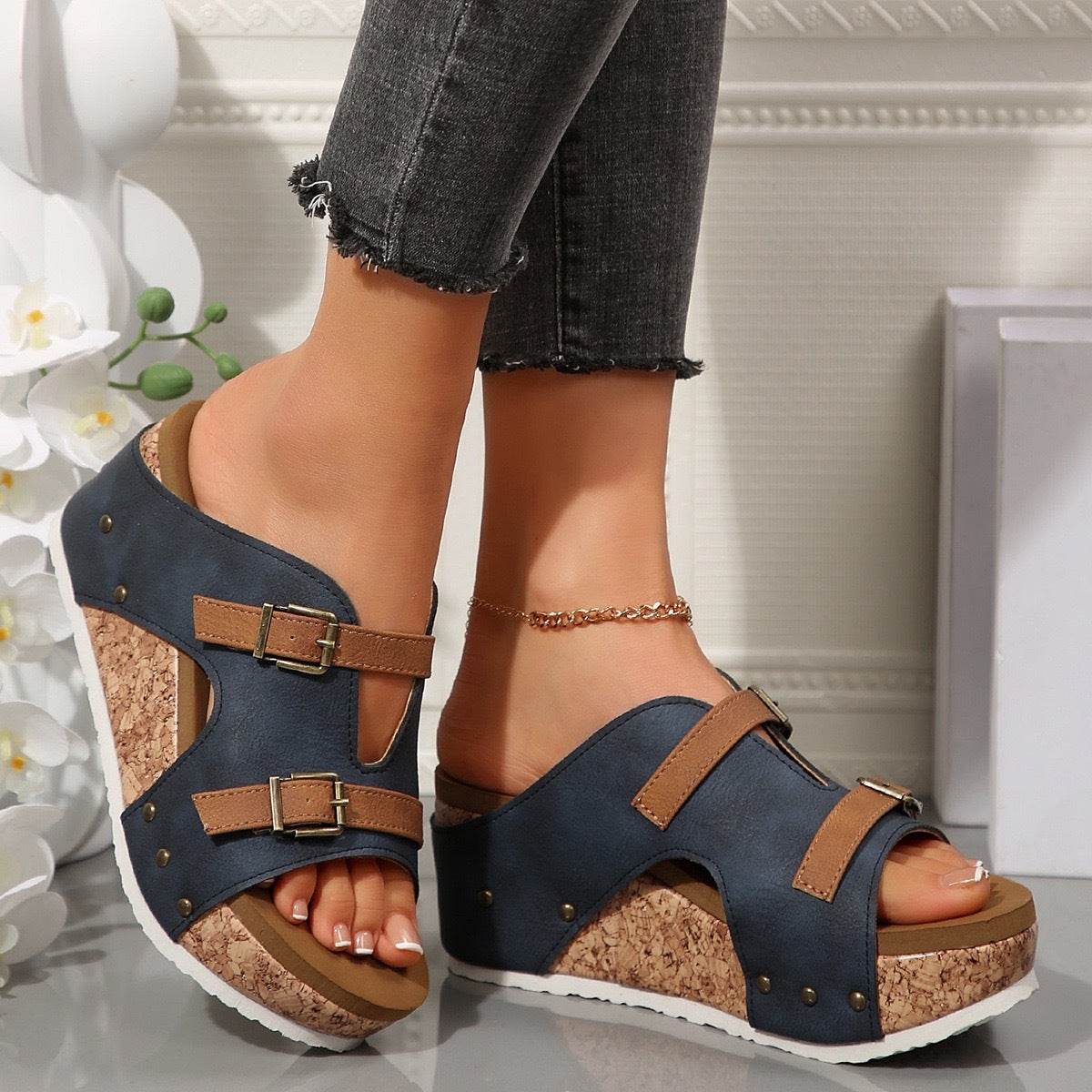 Ins Buckle Wedges Sandals Summer Fish Mouth Thick High Heel Slides Slippers Outdoor Fashion Beach Roman Shoes For Women - ShopSphere