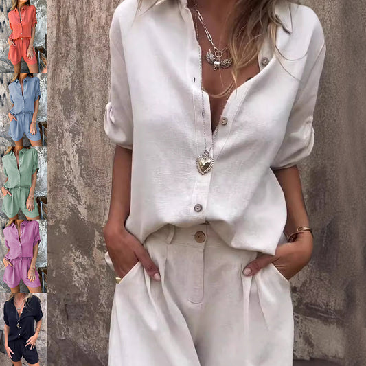 Short-sleeved Suits Fashion Lapel Button Shirt Top And Pocket Shorts Women's Clothing - ShopSphere