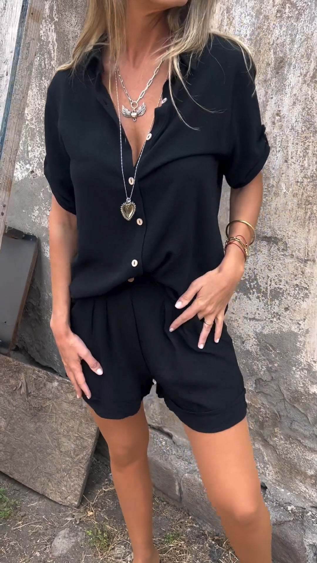 Short-sleeved Suits Fashion Lapel Button Shirt Top And Pocket Shorts Women's Clothing - ShopSphere
