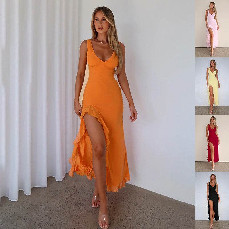 Women's Ruffles Split Suspender Dress Sexy Slim-fit V-neck Evening Party Dresses Clothing - ShopSphere