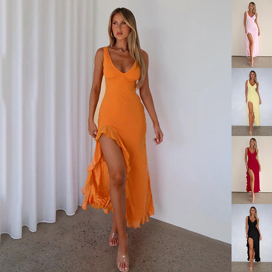 Women's Ruffles Split Suspender Dress Sexy Slim-fit V-neck Evening Party Dresses Clothing - ShopSphere